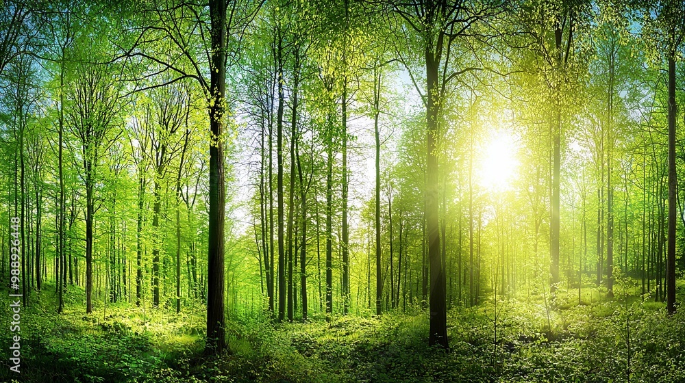 A lush green forest featuring towering trees with sunlight filtering through the foliage creates a picturesque natural backdrop, evoking the essence of spring or summer A lush green forest featuring towering trees with sunlight filtering through the foliage creates a picturesque natural backdrop, evoking the essence of spring or summer