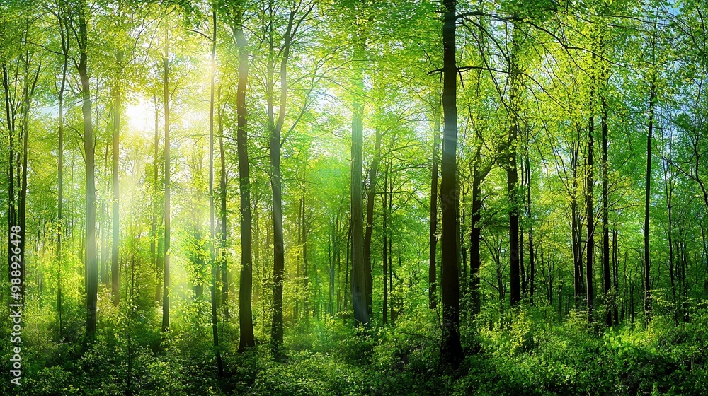 Naklejka premium A lush green forest featuring towering trees with sunlight filtering through the foliage creates a picturesque natural backdrop, evoking the essence of spring or summer