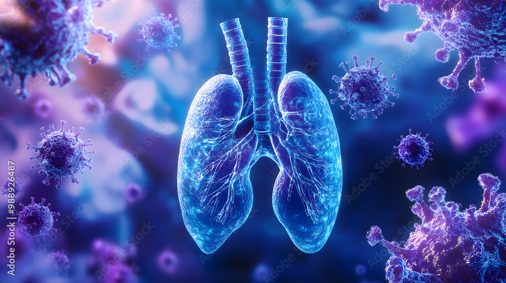 Obraz premium Respiratory Syncytial Virus (RSV) in a Respiratory Tract Setting, hues of blues and purples to represent the airway and the virus's impact on respiratory health