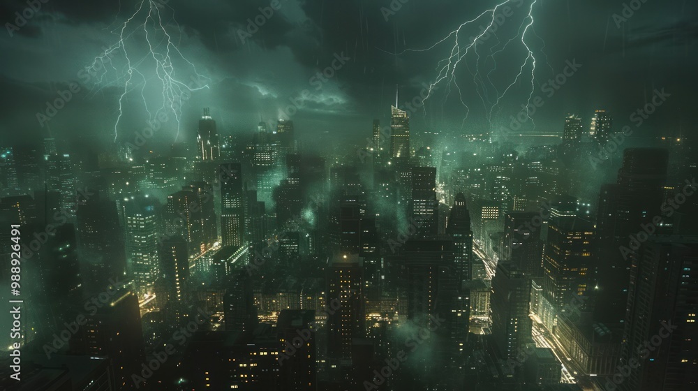 City skyline storm, with lightning bolts creating an electrifying display over the metropolis City skyline storm, with lightning bolts creating an electrifying display over the metropolis