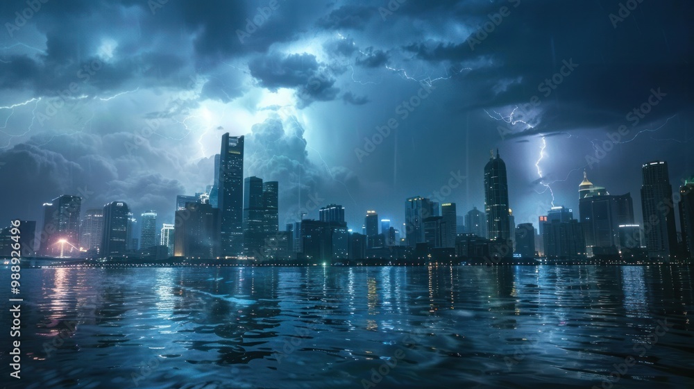 Fototapeta premium City skyline storm, showing the clash between urban development and natural forces