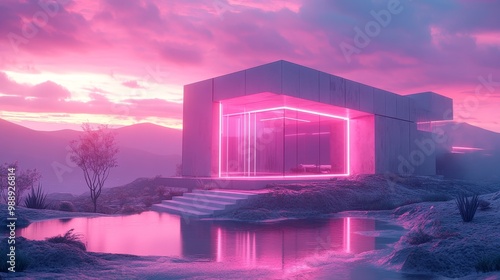 Cube-shaped house with metallic cladding, large reflective panels, and minimalistic windows, set in a futuristic landscape. Neon lighting, Cyberpunk, 3D render, cool tones