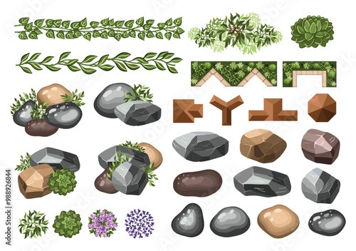 Landscape elements for master plans. Various trees, furniture, houses, stones, and bushes. Top view for the architectural plan. Vector illustration.