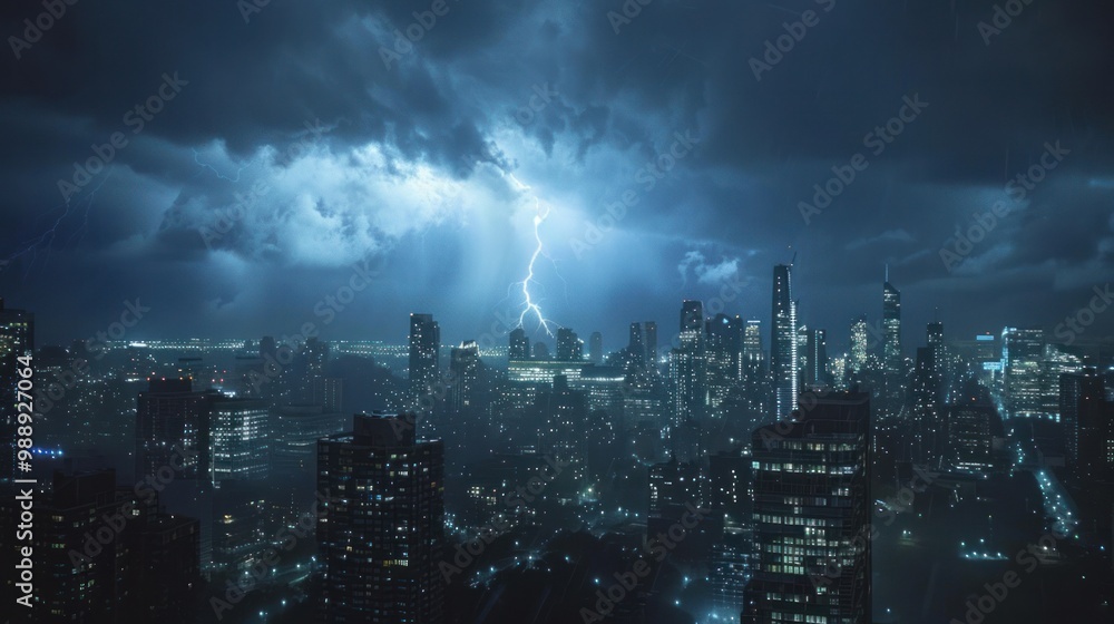 Fototapeta premium City electrical storm, with lightning illuminating skyscrapers and casting long shadows