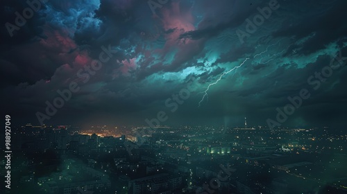 City lights glowing under a stormy sky, with lightning bolts flashing in the distance