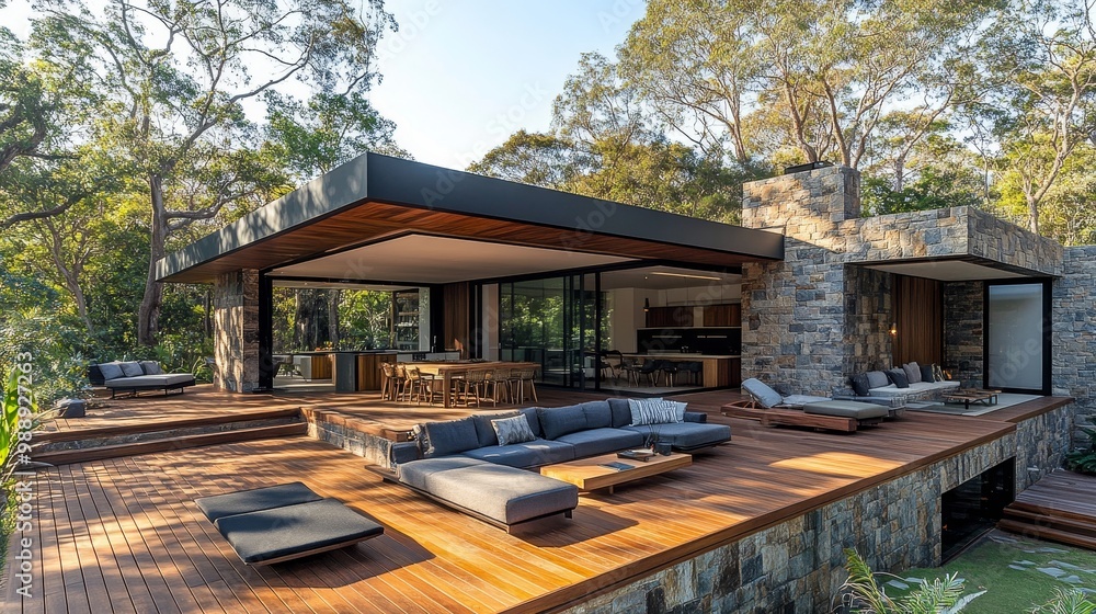 Fototapeta premium Elegant cube home featuring sleek stone exterior and expansive wooden deck, ideal for outdoor entertaining with stylish furniture