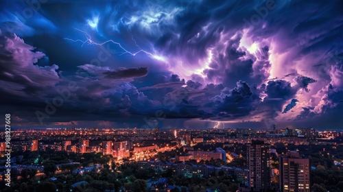 Beautiful lights of a city skyline contrasted against dark storm clouds and lightning