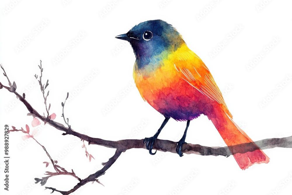 Colorful bird perched on a branch, white isolate background. Colorful bird perched on a branch, white isolate background.