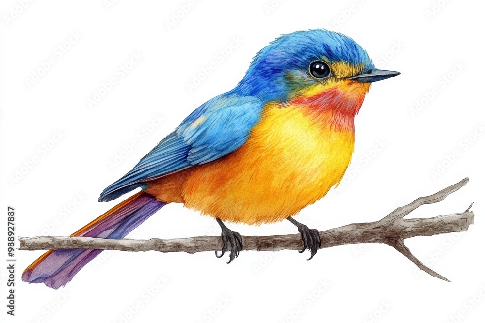 Colorful bird perched on a branch, detailed illustration, white isolated background. Colorful bird perched on a branch, detailed illustration, white isolated background.