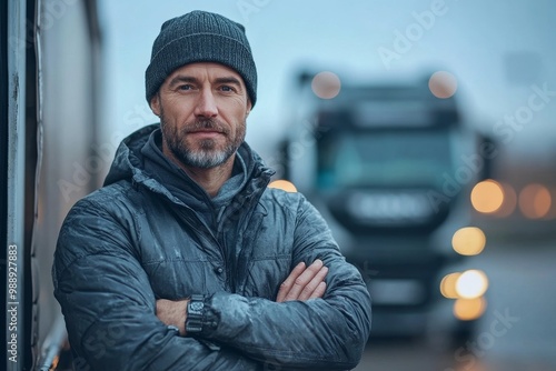 Truck driver standing with arms crossed in front of his truck and looking at camera, Generative AI