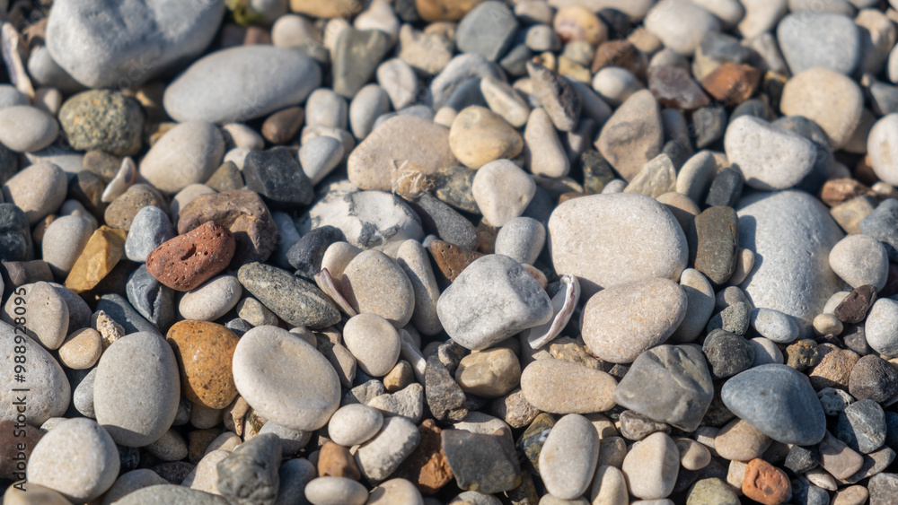 Different sizes and shapes of smooth pebbles are scattered on a sunlit beach, showcasing their natural colors and textures Different sizes and shapes of smooth pebbles are scattered on a sunlit beach, showcasing their natural colors and textures
