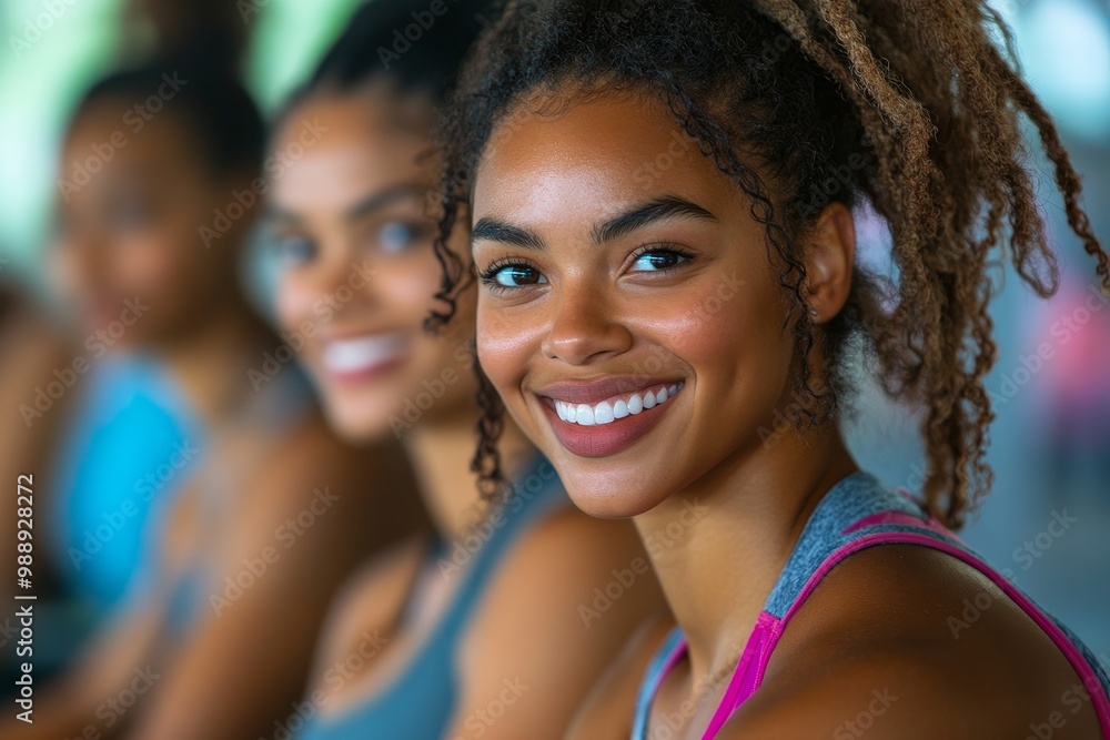Happy black woman having fun with female friends during exercise class at health club, Generative AI Happy black woman having fun with female friends during exercise class at health club, Generative AI