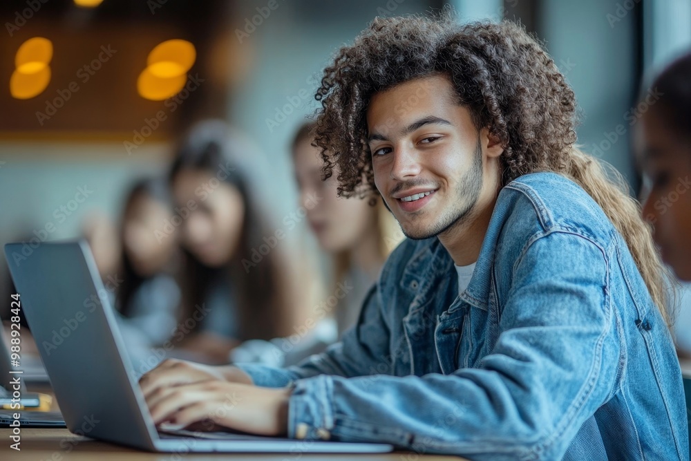 Group of college students e-learning on laptop with teacher's assistance in classroom, Generative AI Group of college students e-learning on laptop with teacher's assistance in classroom, Generative AI