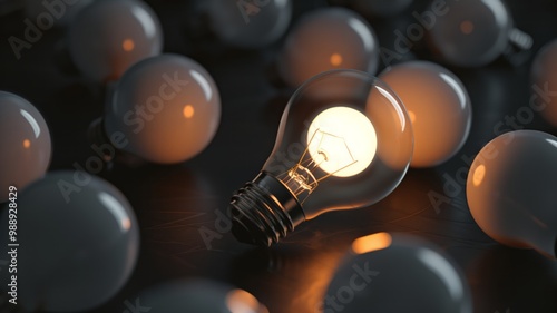 A glowing light bulb stands upright amidst several unlit bulbs scattered on a dark surface