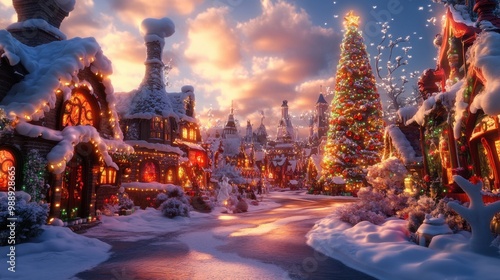Christmas Village at Sunset with Snow-Covered Houses and Tall Trees