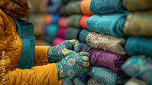 Mature fabric shop owner standing at a counter marking and measuring a piece of beautiful cloth before cutting