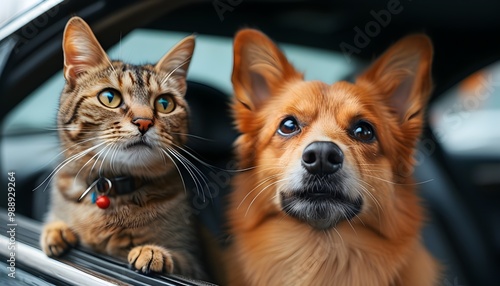 Hilarious Road Trip: Cat and Dog Share a Car Adventure with Comical Expressions