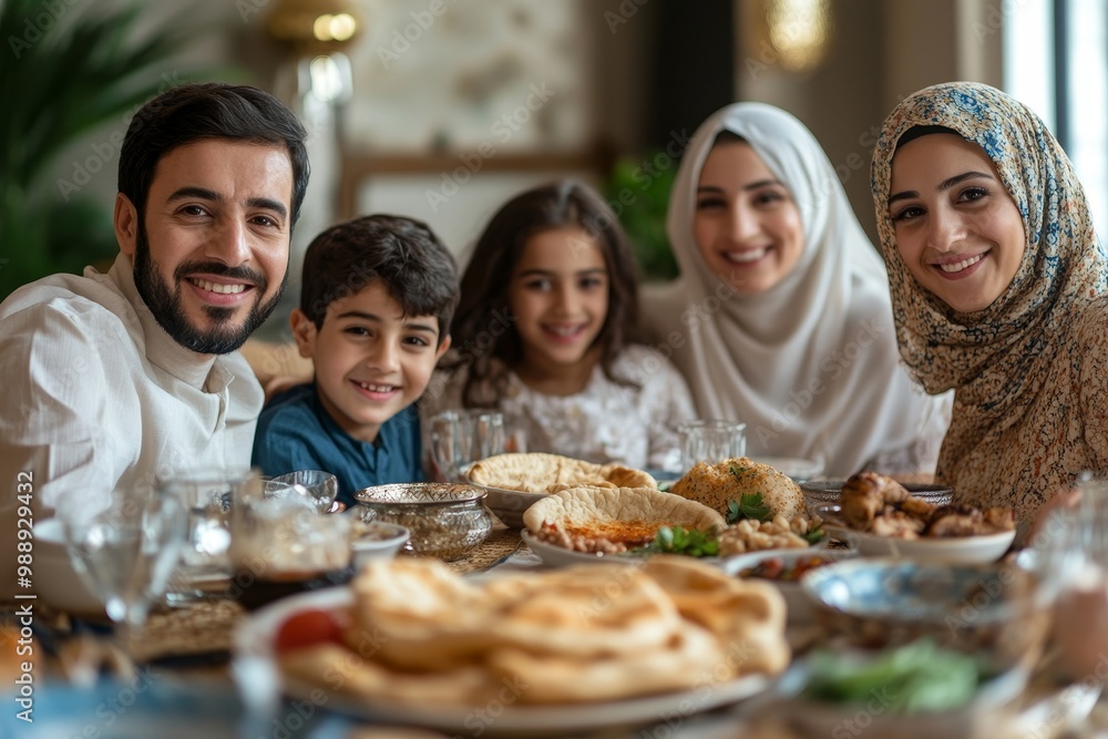 Happy Middle Eastern family shares pita bread at dining table on Ramadan, Generative AI Happy Middle Eastern family shares pita bread at dining table on Ramadan, Generative AI