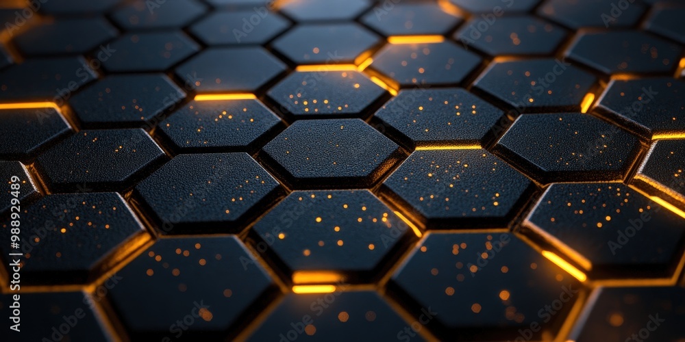 Dark Hexagon Pattern with Golden Accents in 3D Render Dark Hexagon Pattern with Golden Accents in 3D Render