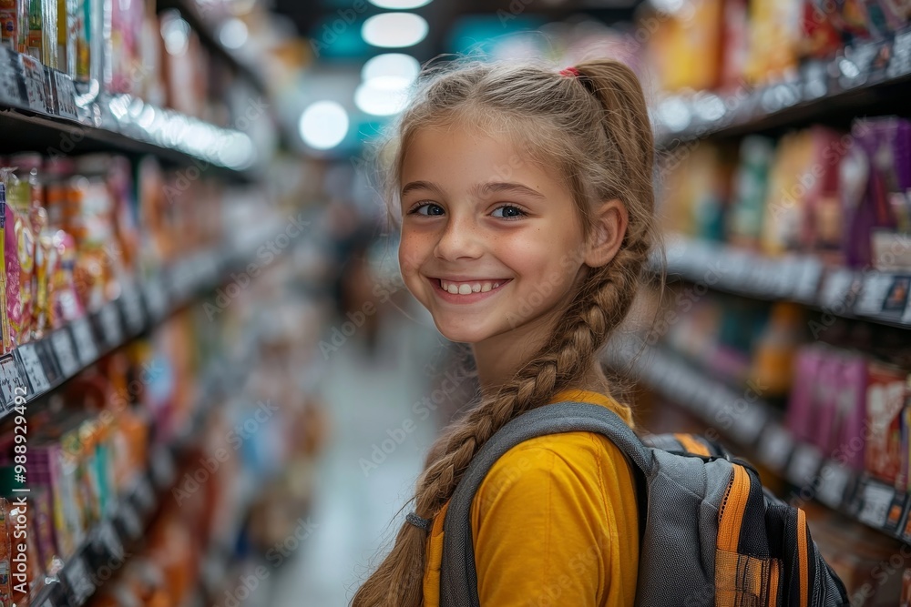 Smiling schoolgirl choosing products at school supplies section in supermarket, Generative AI Smiling schoolgirl choosing products at school supplies section in supermarket, Generative AI