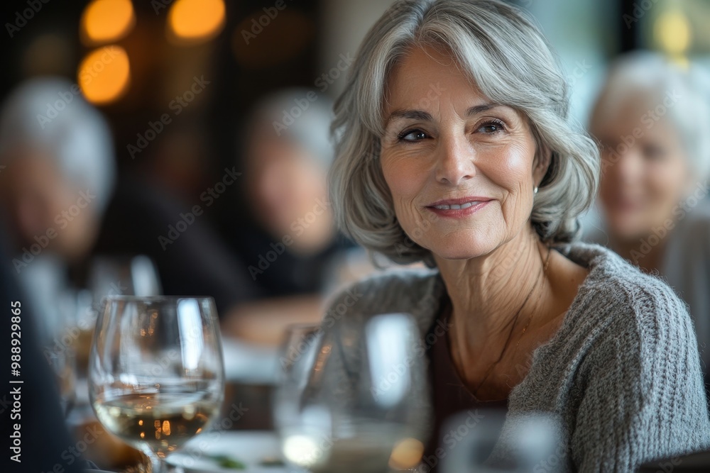 Happy senior woman talks to her friends during lunch in residential care home, Generative AI Happy senior woman talks to her friends during lunch in residential care home, Generative AI