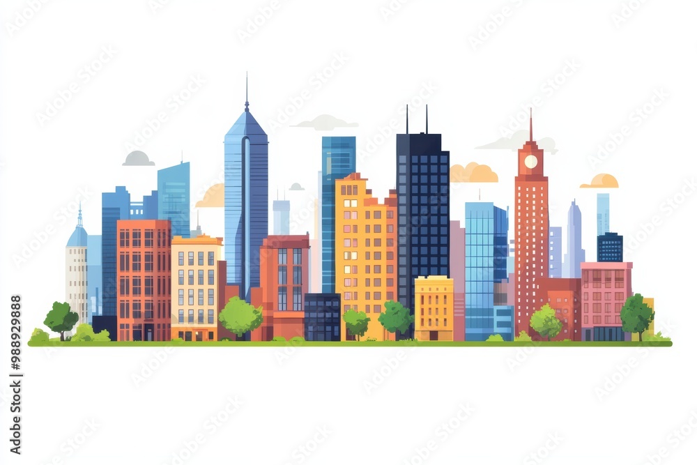Colorful city skyline illustration with various building shapes on white background Colorful city skyline illustration with various building shapes on white background