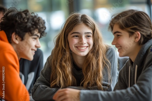 Group of high school students cooperate while learning together at school, Generative AI