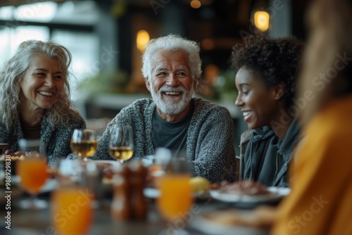 Happy senior people and caregiver talk in dining room at nursing home, Generative AI