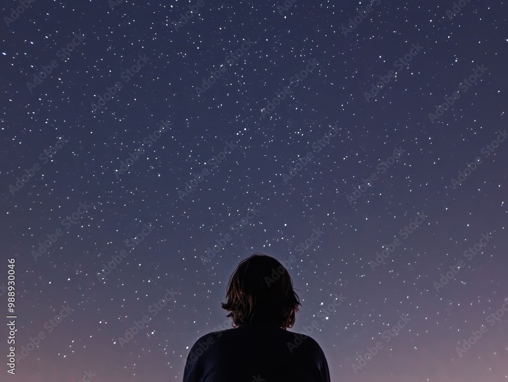 Fototapeta premium A silhouette of a person gazes at a star-filled night sky, creating a serene and contemplative atmosphere.