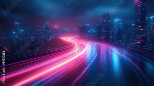 abstract futuristic cityscape with neon energy waves pulsating pink purple and blue light trails create dynamic motion hightech urban environment with data visualization concept