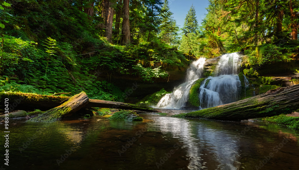 Fototapeta premium Lush green forest with a serene waterfall cascading into a tranquil pool