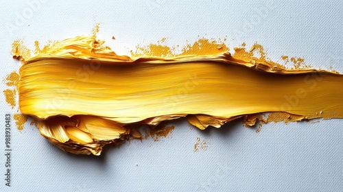 abstract golden brushstroke on stark white canvas thick textured paint with visible brushmarks creates a bold expressive gesture contrast between organic shape and minimalist background photo