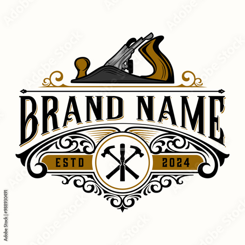 vintage carpenter logo. hand planes and saw vintage decorative for furniture, construction and home improvement.