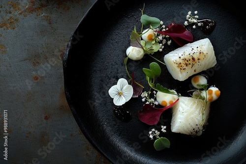 An Exquisite Close-Up: Stjerneskud - A Culinary Masterpiece of Danish Shooting Star Fish Dish, Showcasing the Freshness, Textures, and Artistry of Nordic Cuisine in a Mouthwatering Visual Feast photo