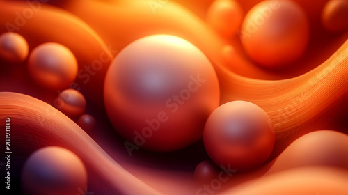 Orange Abstract Background with Spheres and Wavy Lines