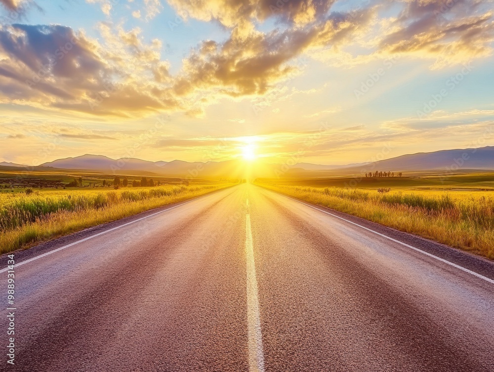 A tranquil road stretches toward a vibrant sunset, framed by lush fields and distant mountains under a dramatic sky. A tranquil road stretches toward a vibrant sunset, framed by lush fields and distant mountains under a dramatic sky.