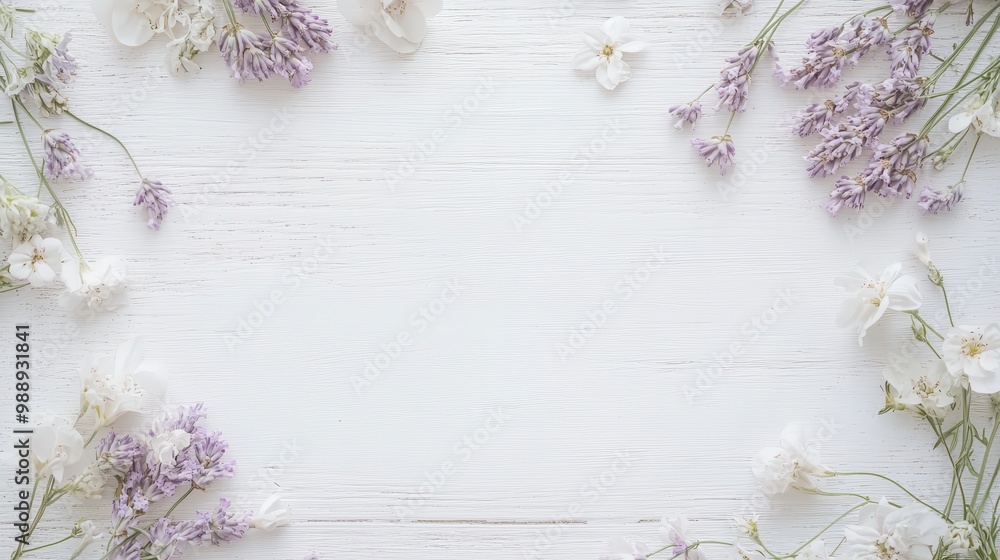 A floral arrangement featuring lavender and white flowers on a wooden background. A floral arrangement featuring lavender and white flowers on a wooden background.