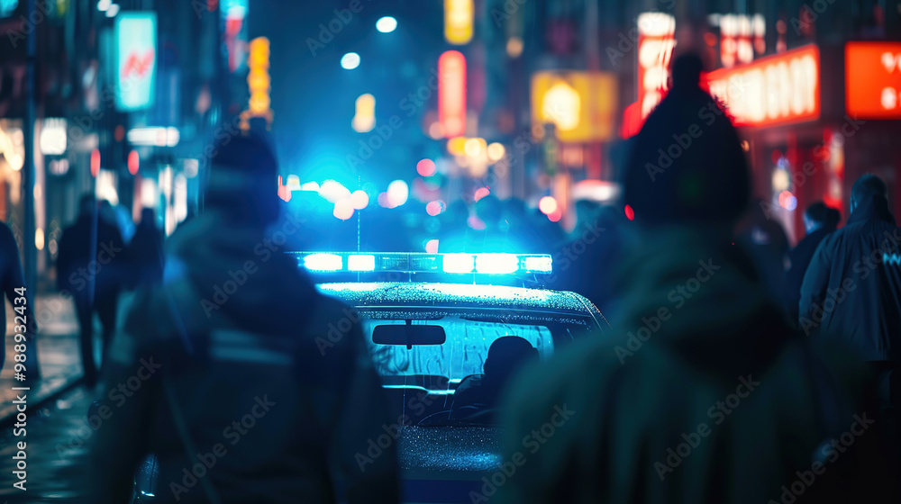 A police car with a flashing blue siren illuminates a dimly lit city street at night, casting an aura of urgency and alertness.concept of law and order in urban areas. potential danger,law enforcement A police car with a flashing blue siren illuminates a dimly lit city street at night, casting an aura of urgency and alertness.concept of law and order in urban areas. potential danger,law enforcement
