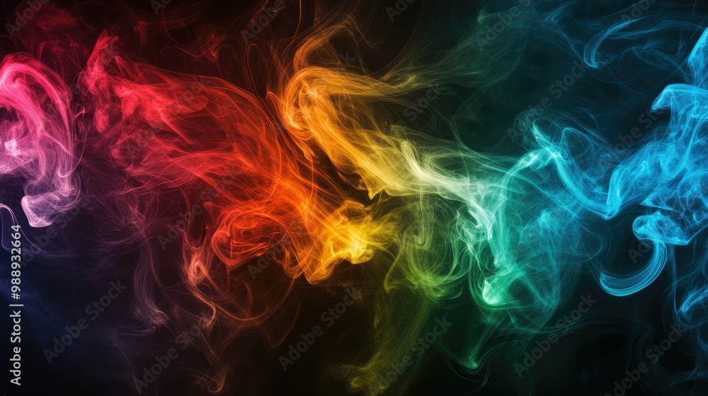 Dark, wispy black smoke intertwines with vibrant rainbow swirls in red, yellow, blue, and green, creating a bold, mysterious abstract background. Dark, wispy black smoke intertwines with vibrant rainbow swirls in red, yellow, blue, and green, creating a bold, mysterious abstract background.