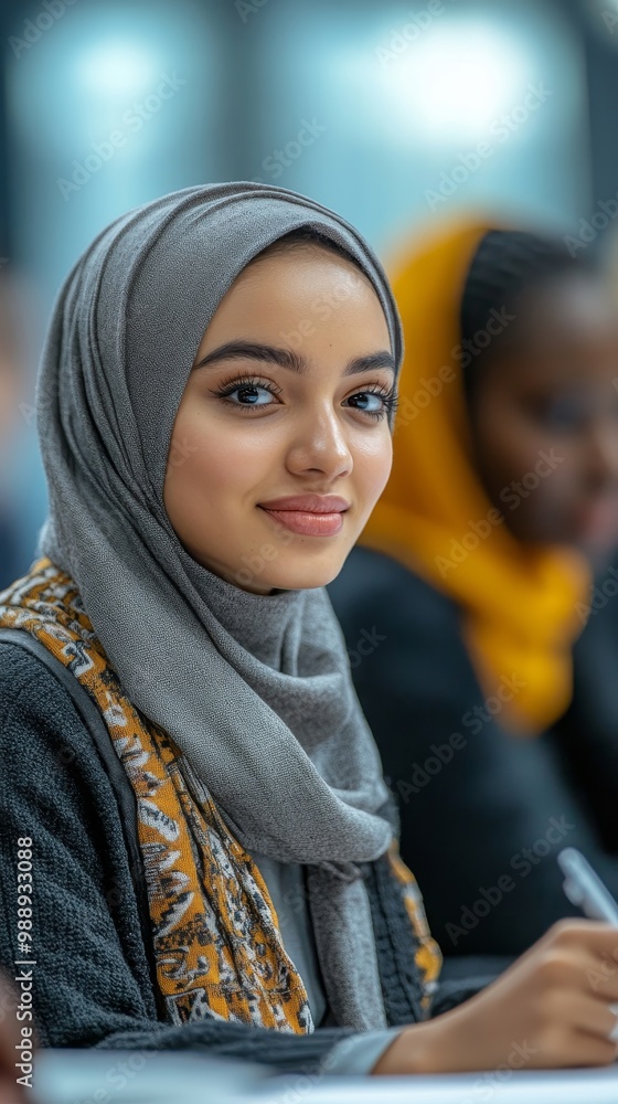 Muslim student and her African American classmate talk while learning together during class at university, Generative AI Muslim student and her African American classmate talk while learning together during class at university, Generative AI
