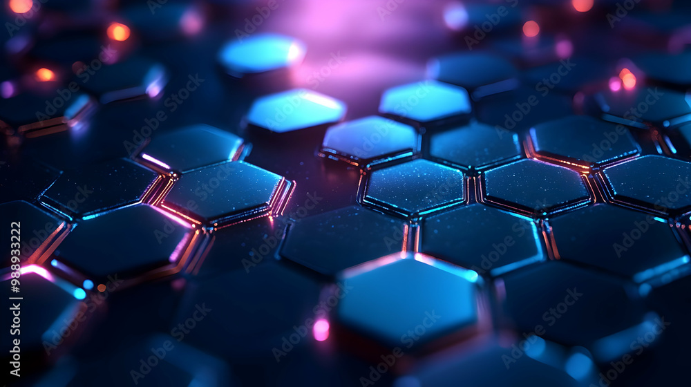 Hexagon Pattern with Neon Lights, Abstract Background Hexagon Pattern with Neon Lights, Abstract Background