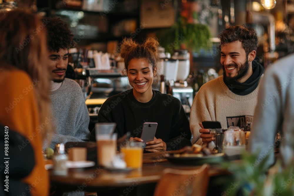 Group of friends paying contactless with mobile phone to waiter in cafe, Generative AI Group of friends paying contactless with mobile phone to waiter in cafe, Generative AI