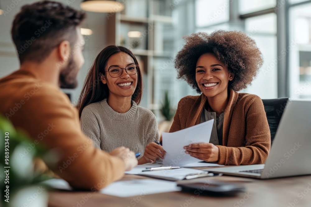 Happy multiracial couple giving their documents to insurance agent during meeting in office, Generative AI Happy multiracial couple giving their documents to insurance agent during meeting in office, Generative AI
