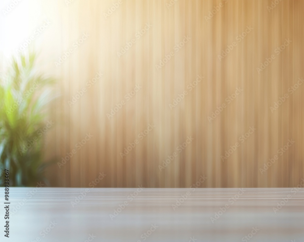 Empty stylish workspace with natural elements, wooden background, and green plant in the corner for a calming ambiance. Empty stylish workspace with natural elements, wooden background, and green plant in the corner for a calming ambiance.