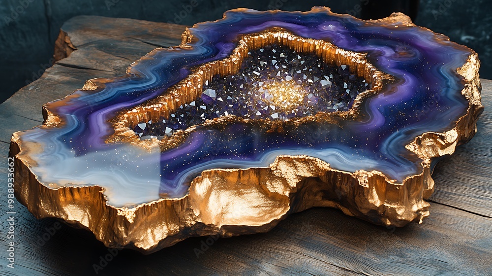 Epoxy resin geode design on a wooden table, layers of purple and gold resin encasing a core of sparkling crystals, the resin blending seamlessly with the natural wood grain, Epoxy resin geode design on a wooden table, layers of purple and gold resin encasing a core of sparkling crystals, the resin blending seamlessly with the natural wood grain,