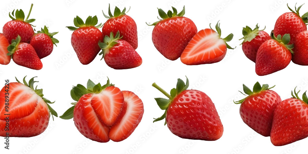 Several ripe red strawberries with green leaves with Transparent Background Several ripe red strawberries with green leaves with Transparent Background