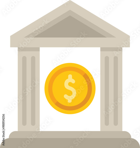 This vector illustration represents the concept of banking services with a bank building facade and a dollar coin