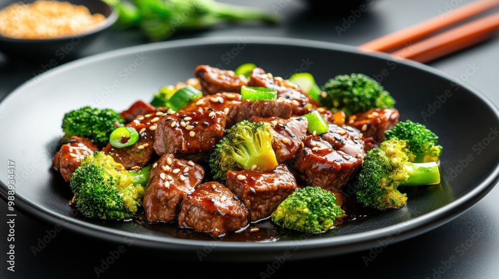 Delicious Beef and Broccoli Stir-Fry on Black Plate Delicious Beef and Broccoli Stir-Fry on Black Plate