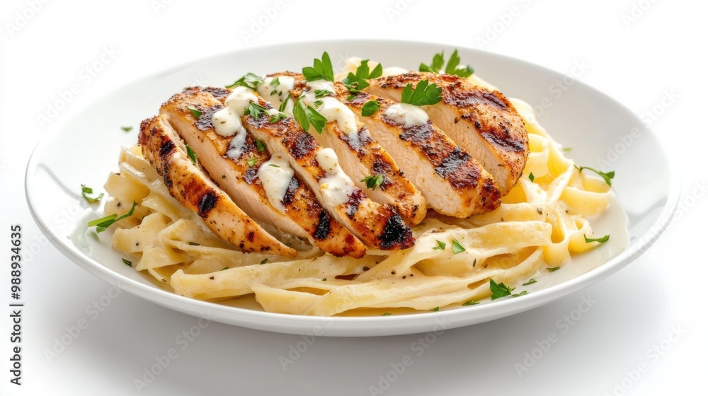 Grilled Chicken on Creamy Fettuccine Pasta Plate Grilled Chicken on Creamy Fettuccine Pasta Plate