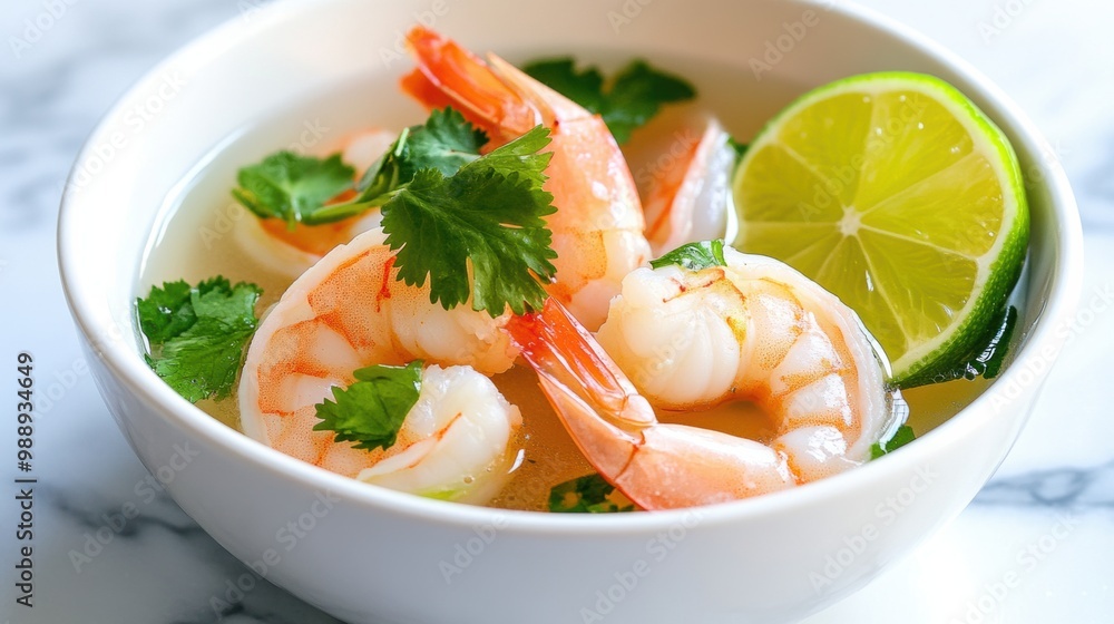 Fresh Shrimp with Herbs and Lime in White Bowl Fresh Shrimp with Herbs and Lime in White Bowl